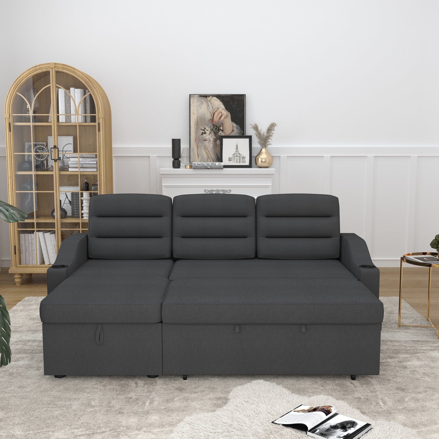 Divano letto trasformabile in poliestere da 83,5'' a 3 posti con letto estraibile, poltrona reclinabile con contenitore, portabicchieri e tasche laterali