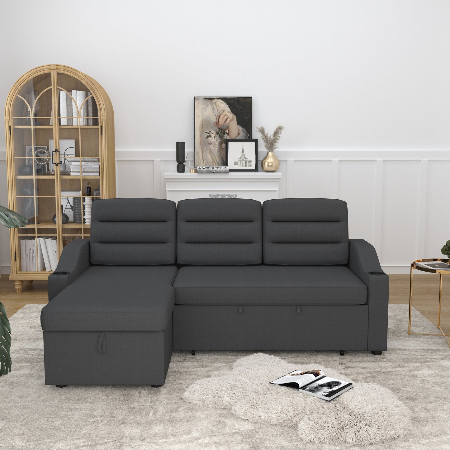 Divano letto trasformabile in poliestere da 83,5'' a 3 posti con letto estraibile, poltrona reclinabile con contenitore, portabicchieri e tasche laterali