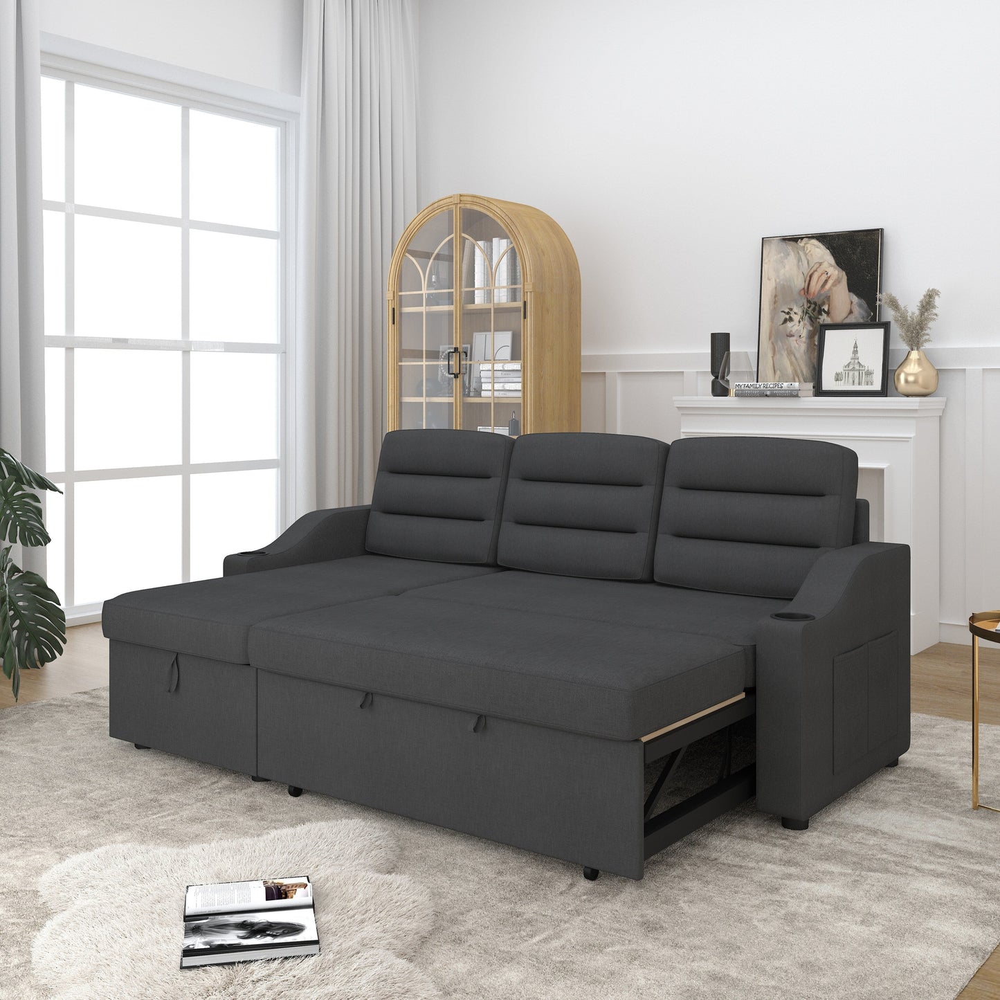 Divano letto trasformabile in poliestere da 83,5'' a 3 posti con letto estraibile, poltrona reclinabile con contenitore, portabicchieri e tasche laterali