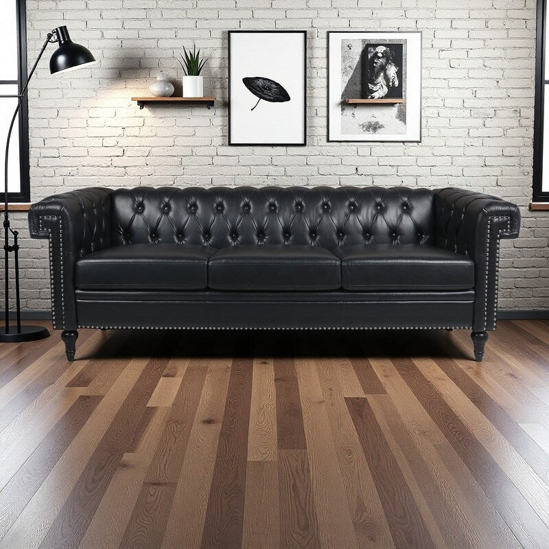 Divano a 3 posti con braccioli quadrati in pelle PU da 83,66 pollici, cuscini rimovibili, supporto a molle insacchettate e finiture borchiate