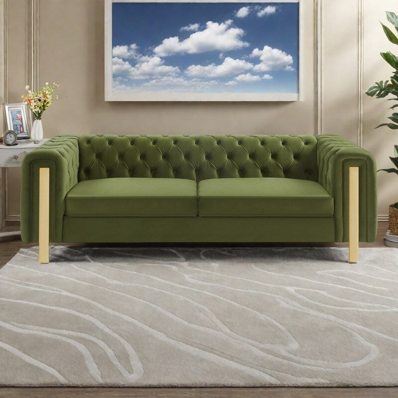 Divano a 3 posti in velluto da 83,75 pollici con cuciture a rombi trapuntate, dettagli dorati e gambe in ferro