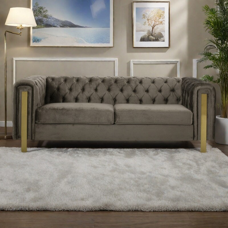 Divano a 3 posti in velluto da 83,75 pollici con cuciture a rombi trapuntate, dettagli dorati e gambe in ferro