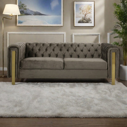 Divano a 3 posti in velluto da 83,75 pollici con cuciture a rombi trapuntate, dettagli dorati e gambe in ferro