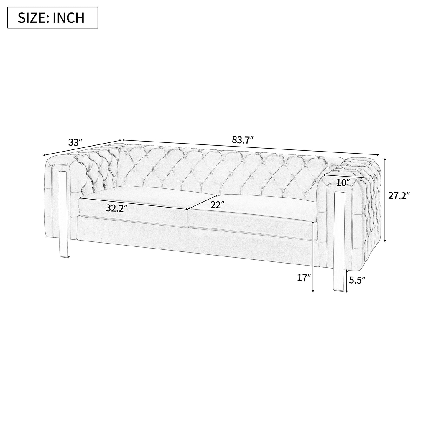 Divano a 3 posti in velluto da 83,75 pollici con cuciture a rombi trapuntate, dettagli dorati e gambe in ferro