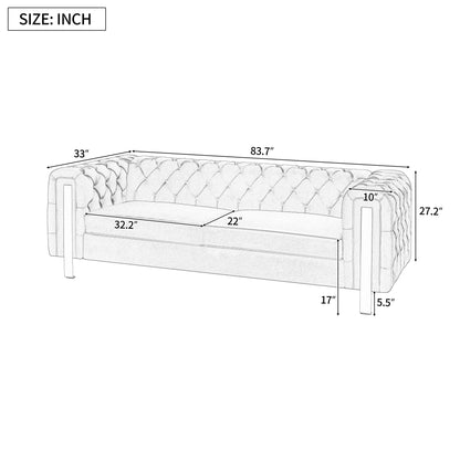 Divano a 3 posti in velluto da 83,75 pollici con cuciture a rombi trapuntate, dettagli dorati e gambe in ferro