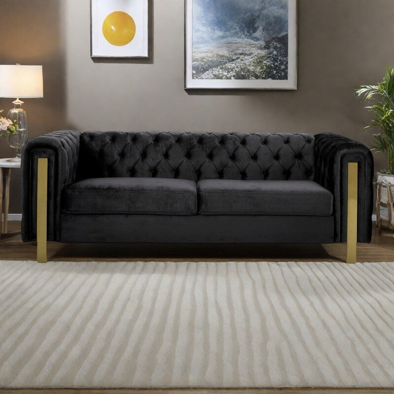 Divano a 3 posti in velluto da 83,75 pollici con cuciture a rombi trapuntate, dettagli dorati e gambe in ferro