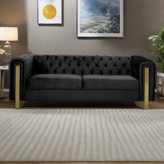 Divano a 3 posti in velluto da 83,75 pollici con cuciture a rombi trapuntate, dettagli dorati e gambe in ferro