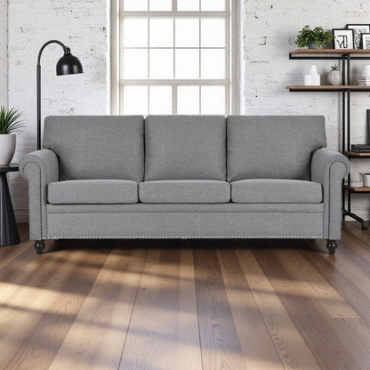 Divano a 3 posti con braccioli in tessuto 83.86, seduta a molle insacchettate, schienale in schiuma PP e struttura in legno massello