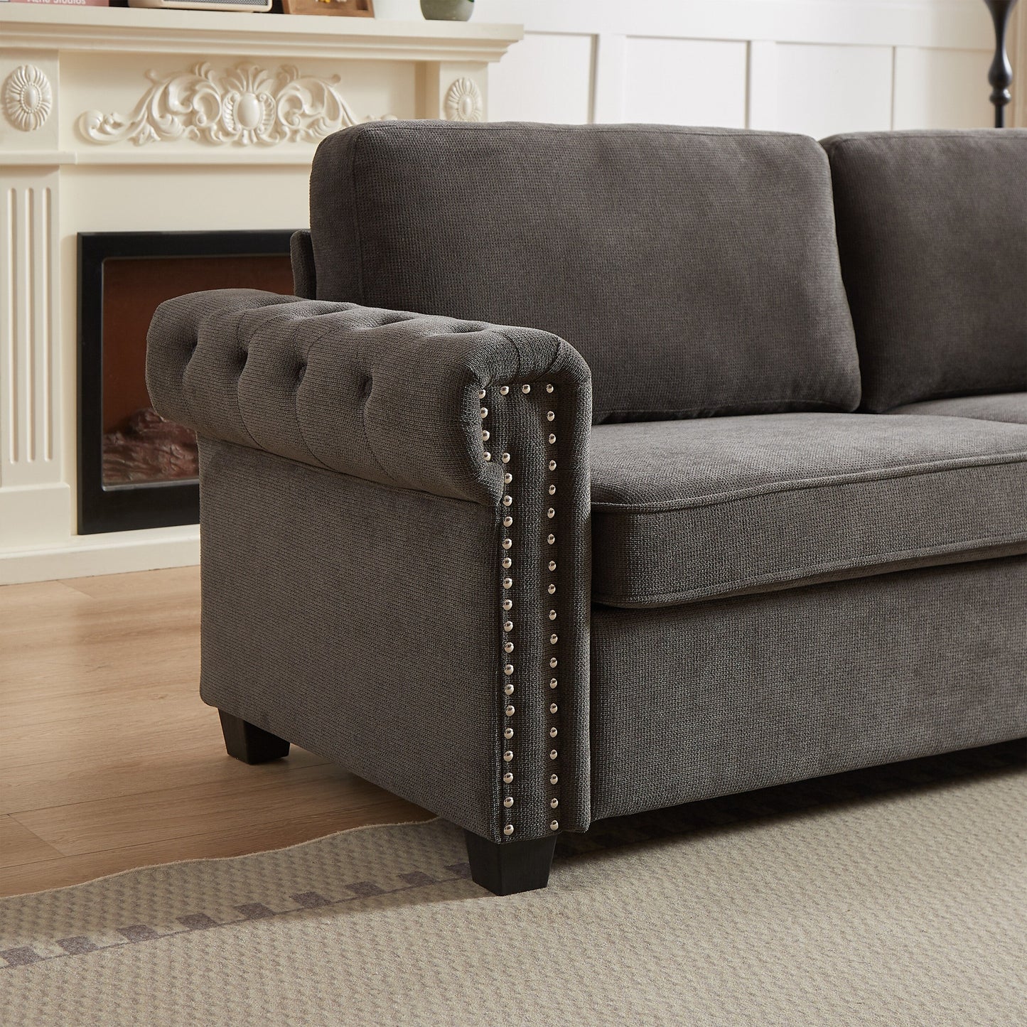 Divano letto trasformabile 2 in 1 in poliestere a 3 posti con borchie e materasso pieghevole per soggiorno