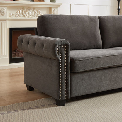 Divano letto trasformabile 2 in 1 in poliestere a 3 posti con borchie e materasso pieghevole per soggiorno