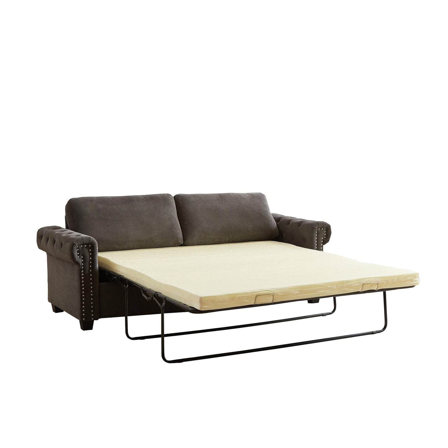 Divano letto trasformabile 2 in 1 in poliestere a 3 posti con borchie e materasso pieghevole per soggiorno