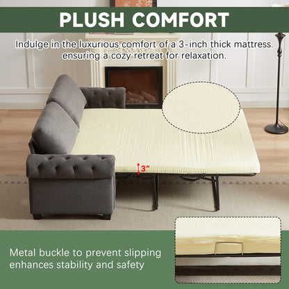 Divano letto trasformabile 2 in 1 in poliestere a 3 posti con borchie e materasso pieghevole per soggiorno