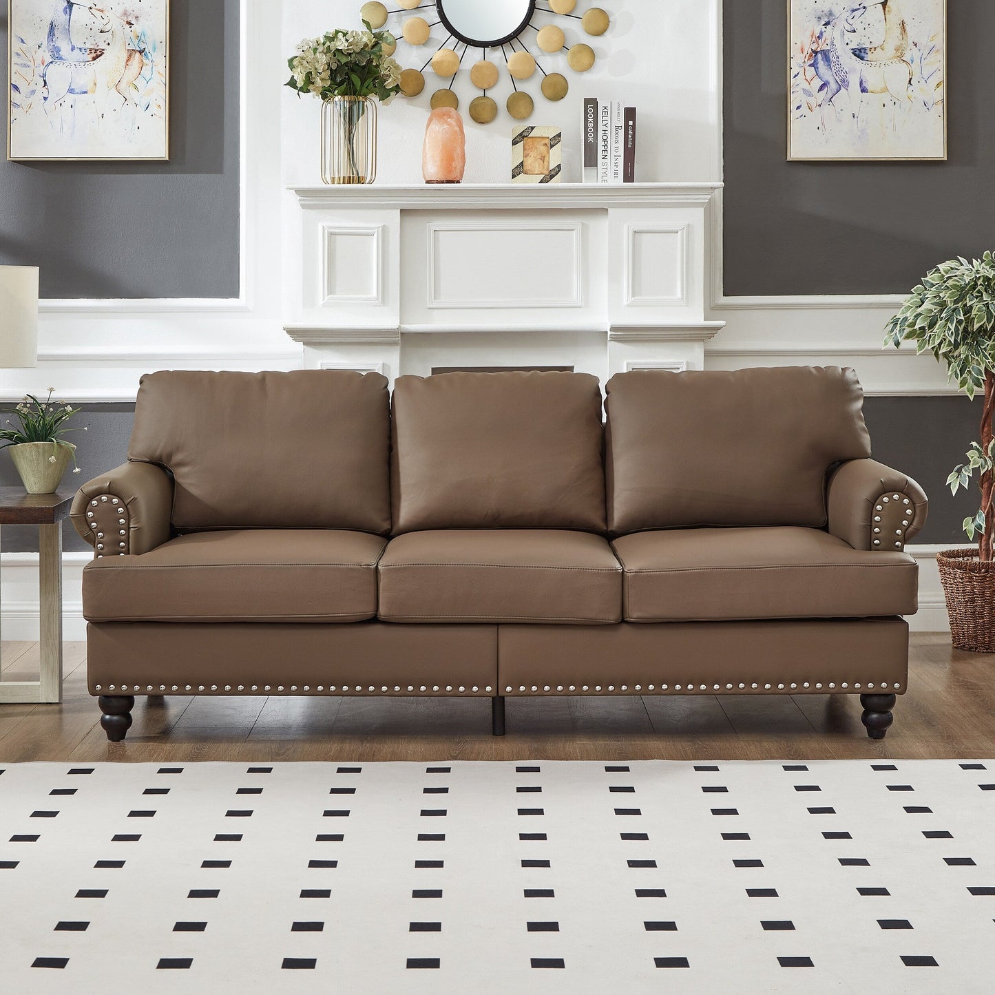 Divano in pelle classica 83 - Divano a 3 posti in vera pelle di mucca con finiture a borchie, rivestimento in similpelle resistente