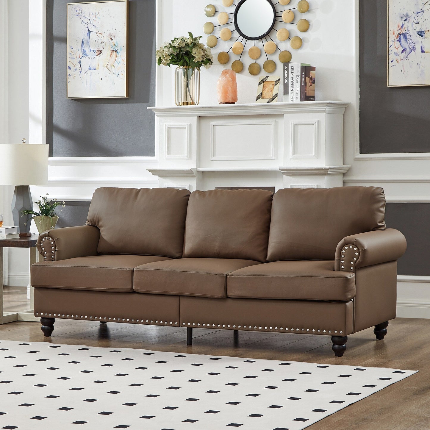 Divano in pelle classica 83 - Divano a 3 posti in vera pelle di mucca con finiture a borchie, rivestimento in similpelle resistente