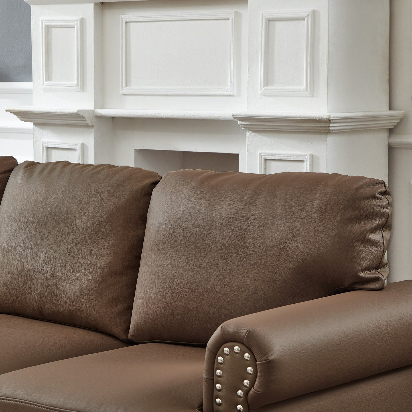 Divano in pelle classica 83 - Divano a 3 posti in vera pelle di mucca con finiture a borchie, rivestimento in similpelle resistente