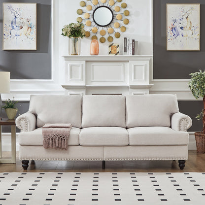 Divano capitonné classico 83 - Divano in tessuto a 3 posti con finiture a borchie, rivestimento in poliestere e struttura in legno massello per soggiorno