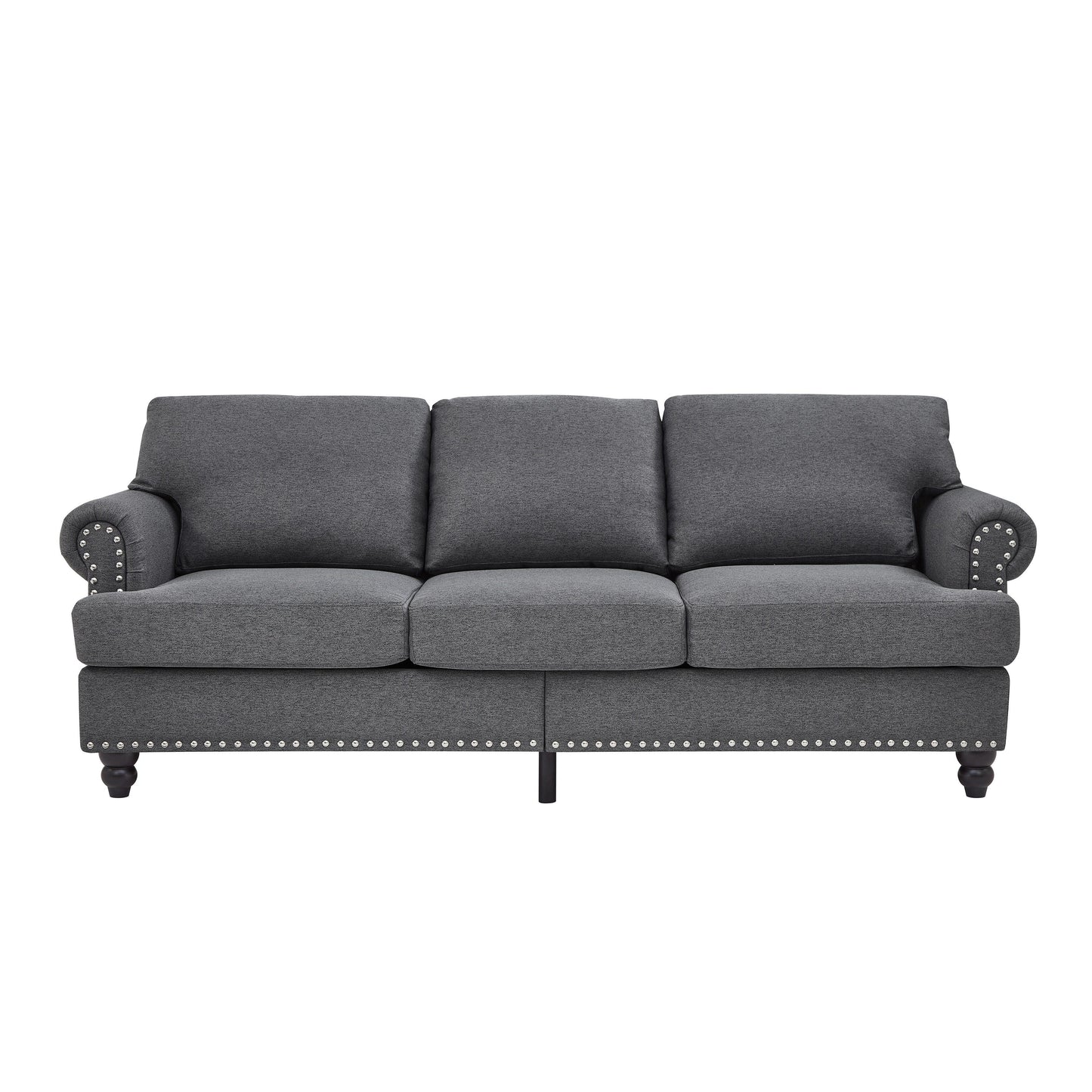 Divano capitonné classico 83 - Divano in tessuto a 3 posti con finiture a borchie, rivestimento in poliestere e struttura in legno massello per soggiorno