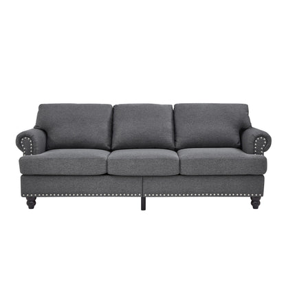 Divano capitonné classico 83 - Divano in tessuto a 3 posti con finiture a borchie, rivestimento in poliestere e struttura in legno massello per soggiorno