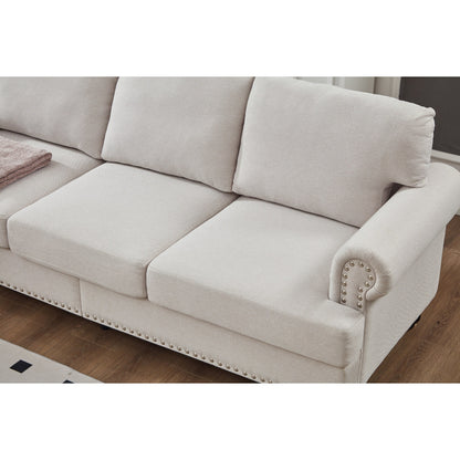 Divano capitonné classico 83 - Divano in tessuto a 3 posti con finiture a borchie, rivestimento in poliestere e struttura in legno massello per soggiorno