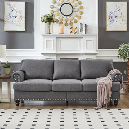 Divano capitonné classico 83 - Divano in tessuto a 3 posti con finiture a borchie, rivestimento in poliestere e struttura in legno massello per soggiorno