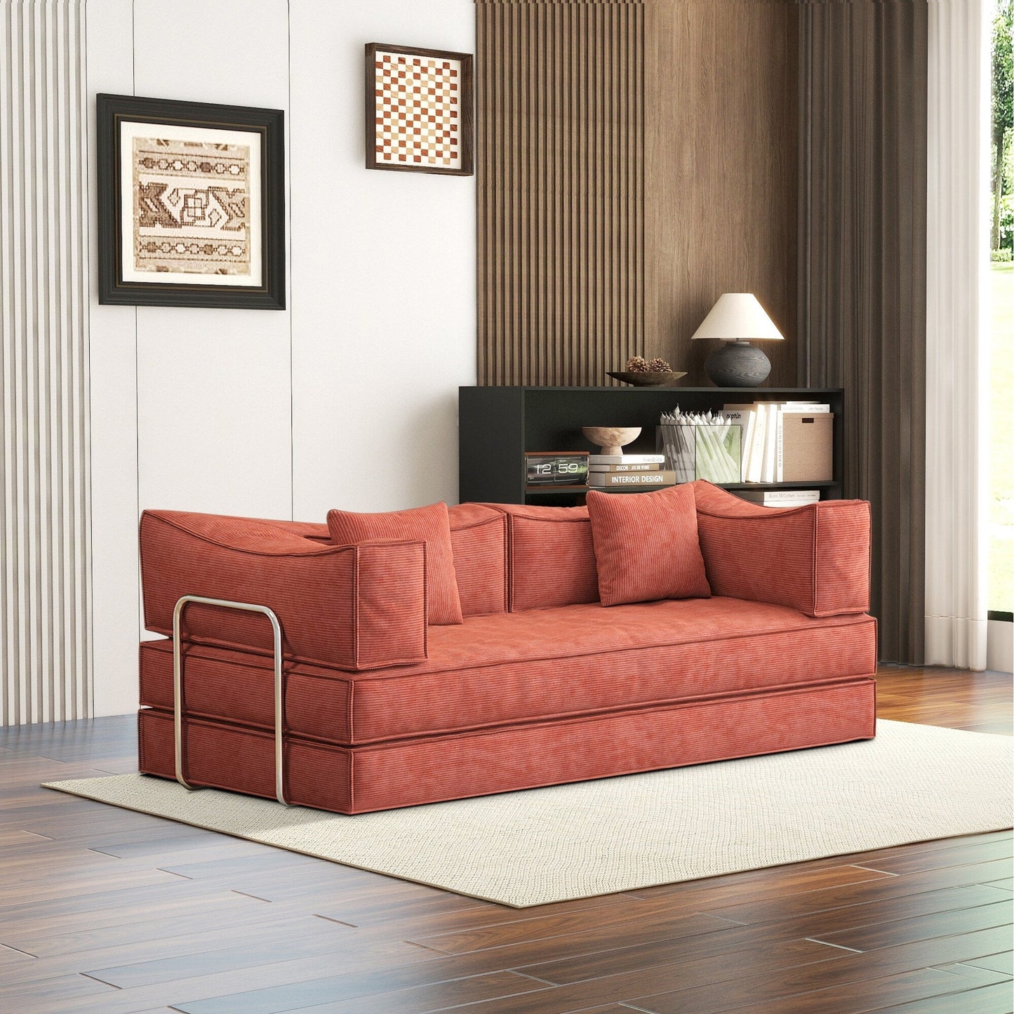 Divano letto imbottito convertibile in velluto a coste, divano futon pieghevole con 2 cuscini