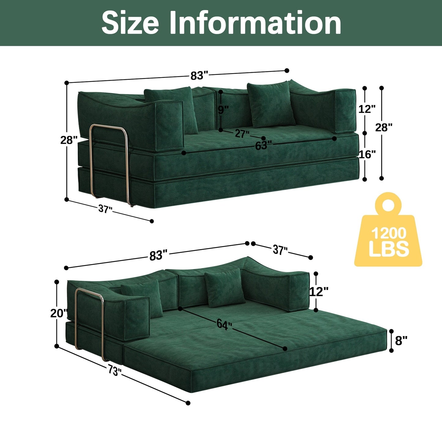 Divano letto imbottito convertibile in velluto a coste, divano futon pieghevole con 2 cuscini