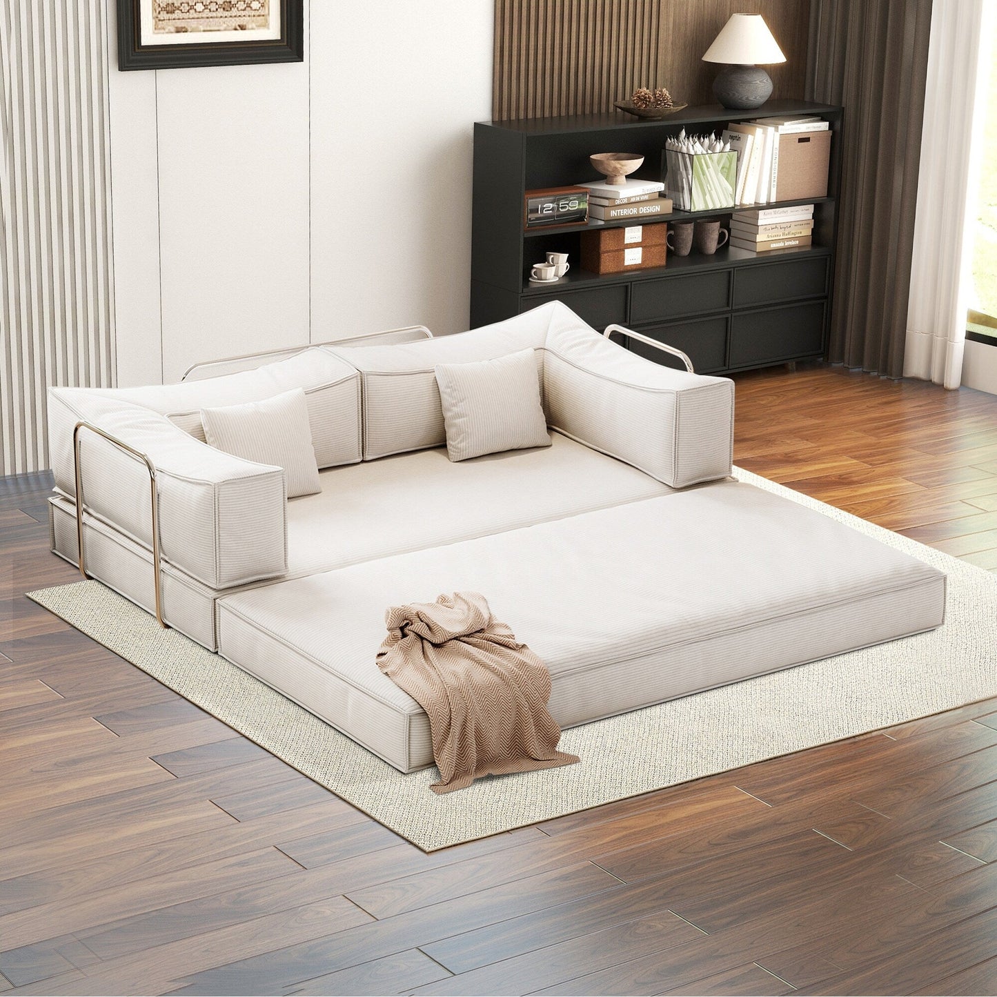 Divano letto imbottito convertibile in velluto a coste, divano futon pieghevole con 2 cuscini