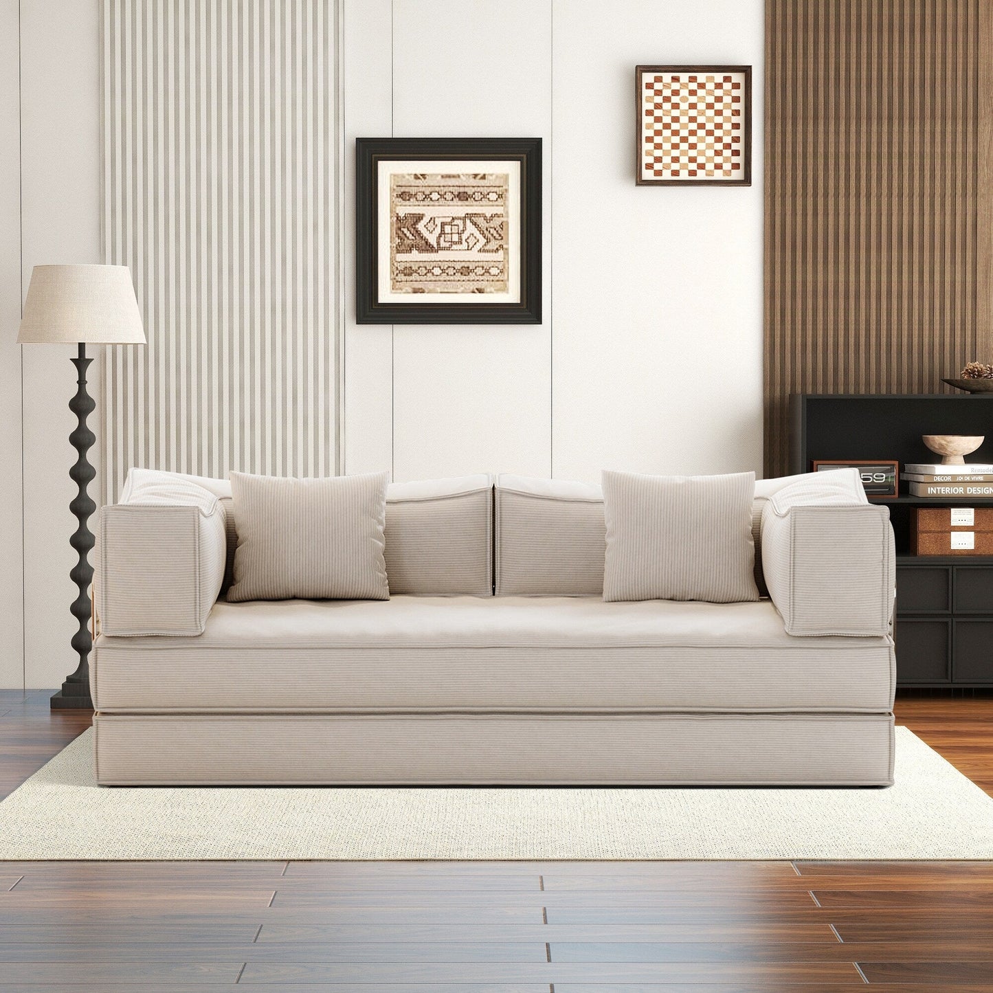 Divano letto imbottito convertibile in velluto a coste, divano futon pieghevole con 2 cuscini