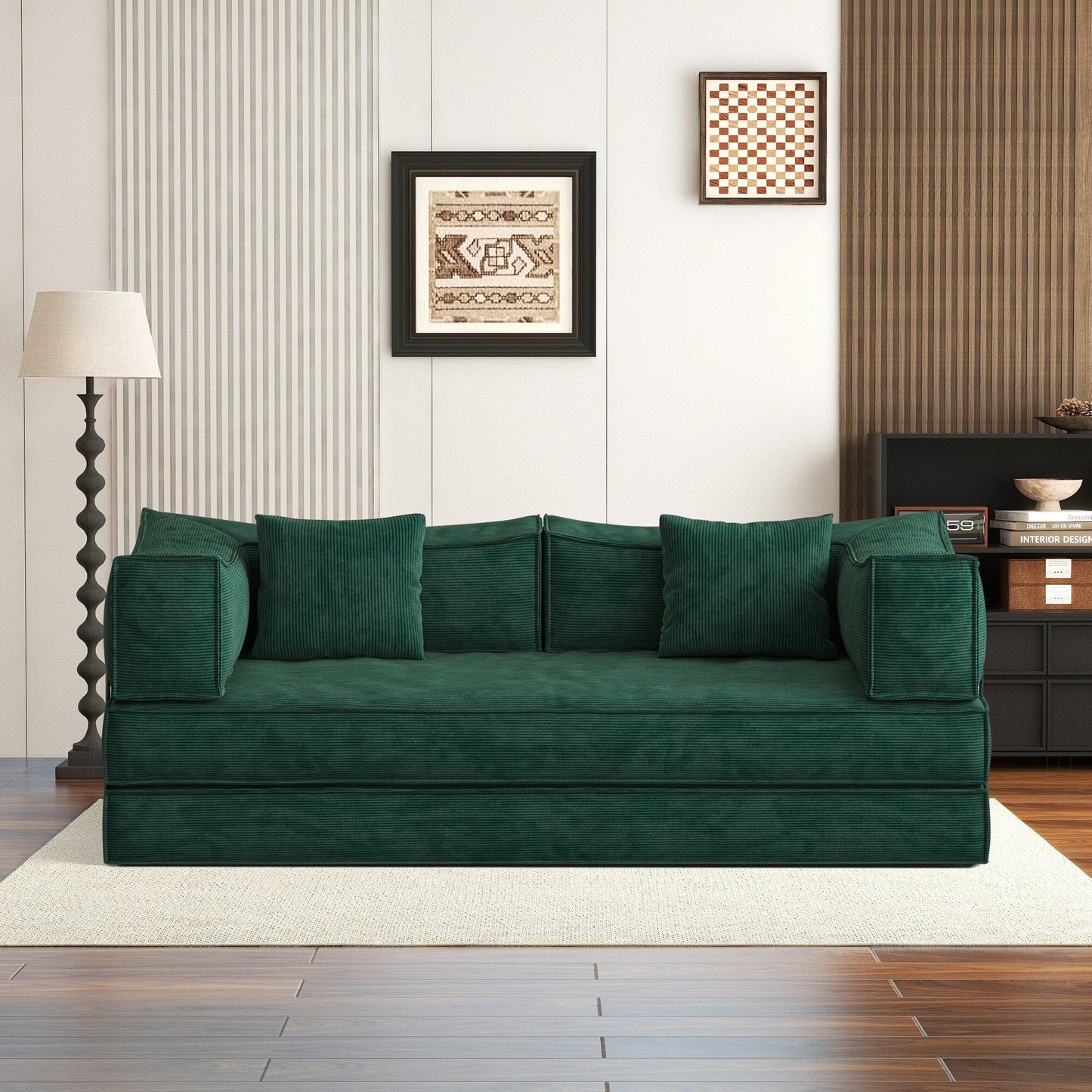 Divano letto imbottito convertibile in velluto a coste, divano futon pieghevole con 2 cuscini