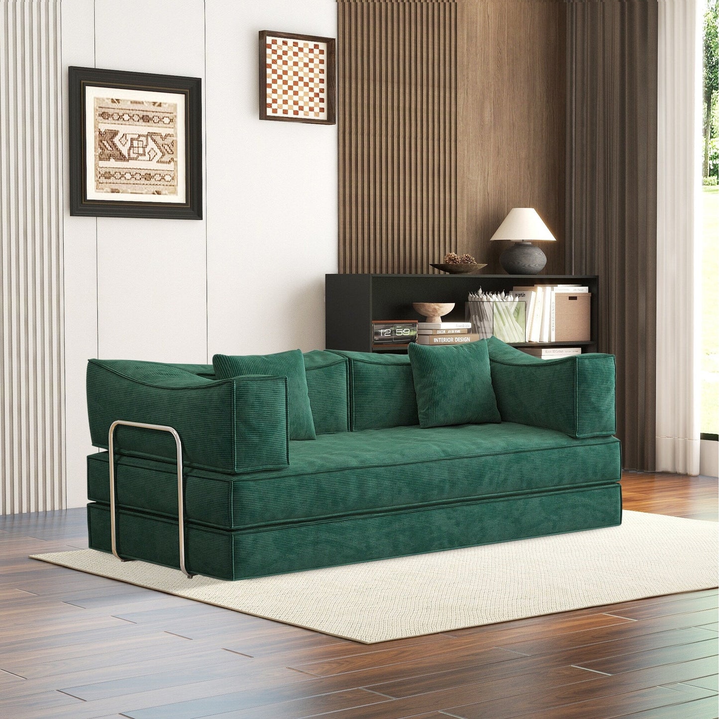 Divano letto imbottito convertibile in velluto a coste, divano futon pieghevole con 2 cuscini