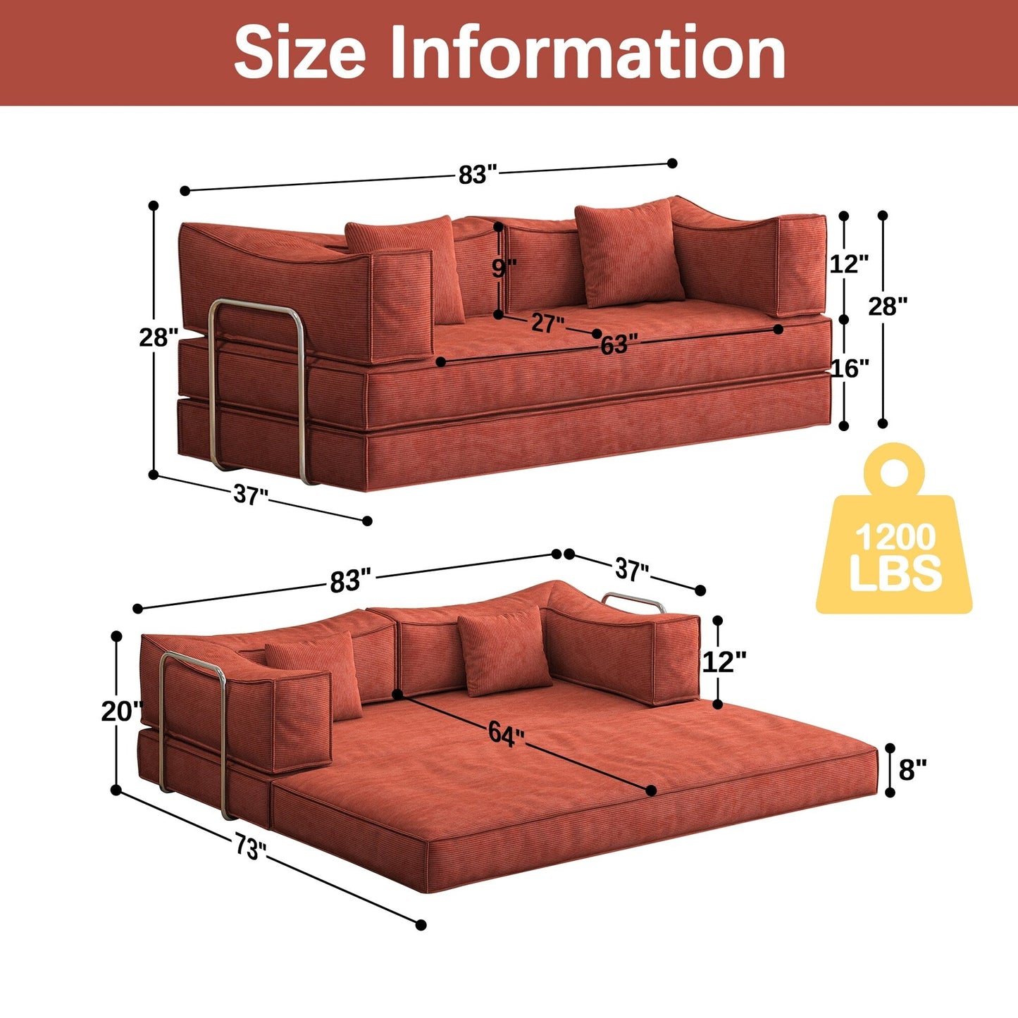 Divano letto imbottito convertibile in velluto a coste, divano futon pieghevole con 2 cuscini