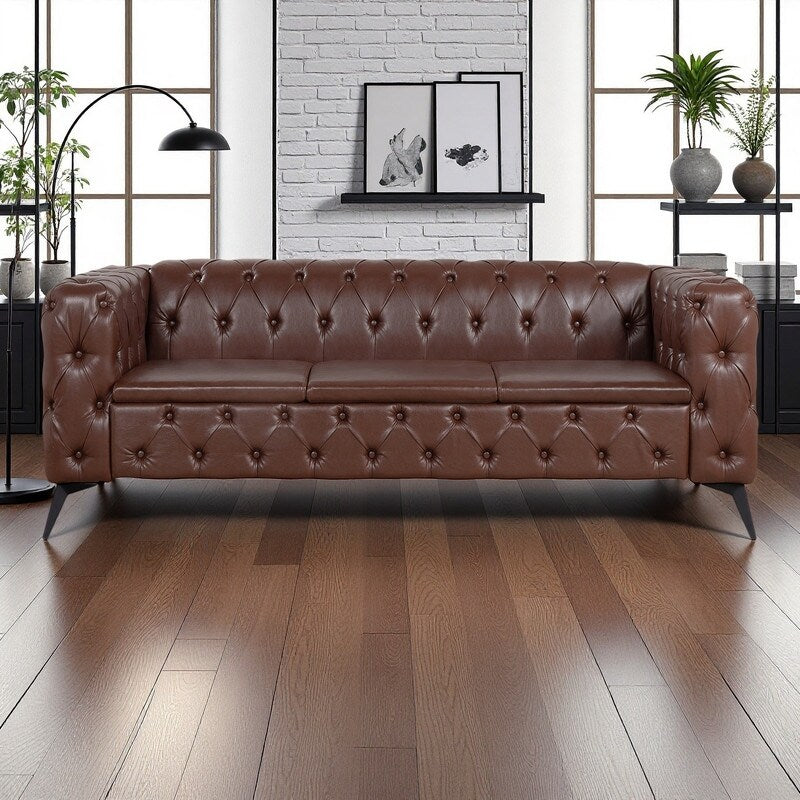 Divano tradizionale a 3 posti con braccioli quadrati in PU da 84,06 pollici, cuscini rimovibili, seduta a molle insacchettate e base a slitta in ferro