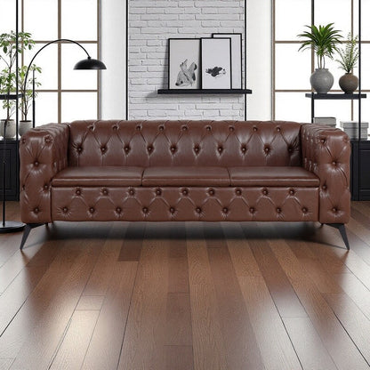 Divano tradizionale a 3 posti con braccioli quadrati in PU da 84,06 pollici, cuscini rimovibili, seduta a molle insacchettate e base a slitta in ferro