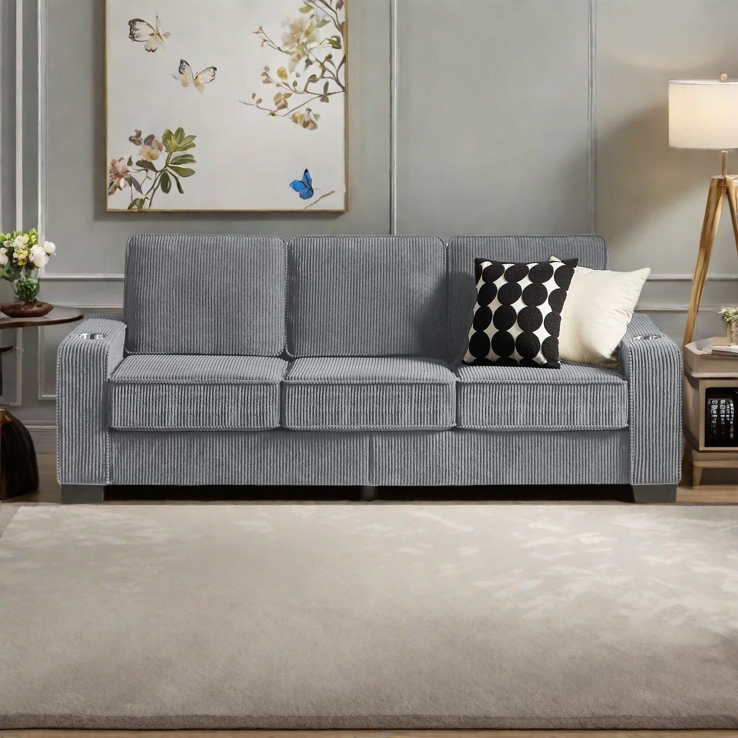 Divano a 3 posti in velluto a coste da 84,25 pollici con braccioli portabicchieri - Cuscini in spugna ad alta densità e molle