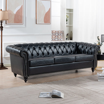 Divano Chesterfield a tre posti con braccioli arrotolati in similpelle