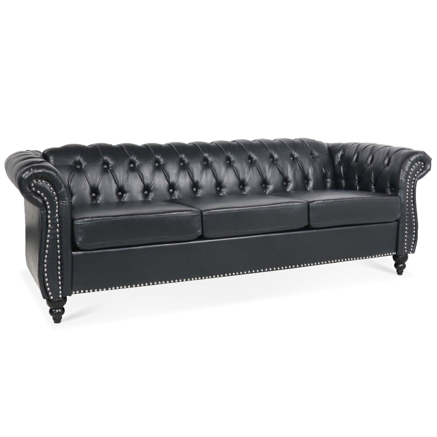 Divano Chesterfield a tre posti con braccioli arrotolati in similpelle