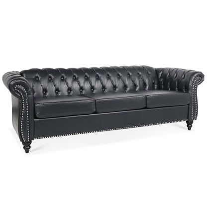 Divano Chesterfield a tre posti con braccioli arrotolati in similpelle