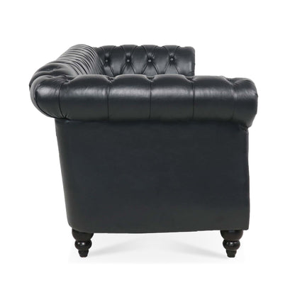 Divano Chesterfield a tre posti con braccioli arrotolati in similpelle
