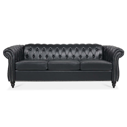 Divano Chesterfield a tre posti con braccioli arrotolati in similpelle