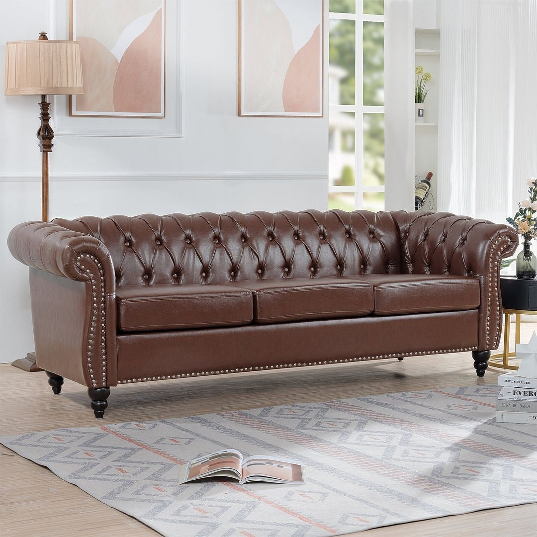 Divano Chesterfield in similpelle trapuntato da 84,65 pollici con braccioli arrotolati