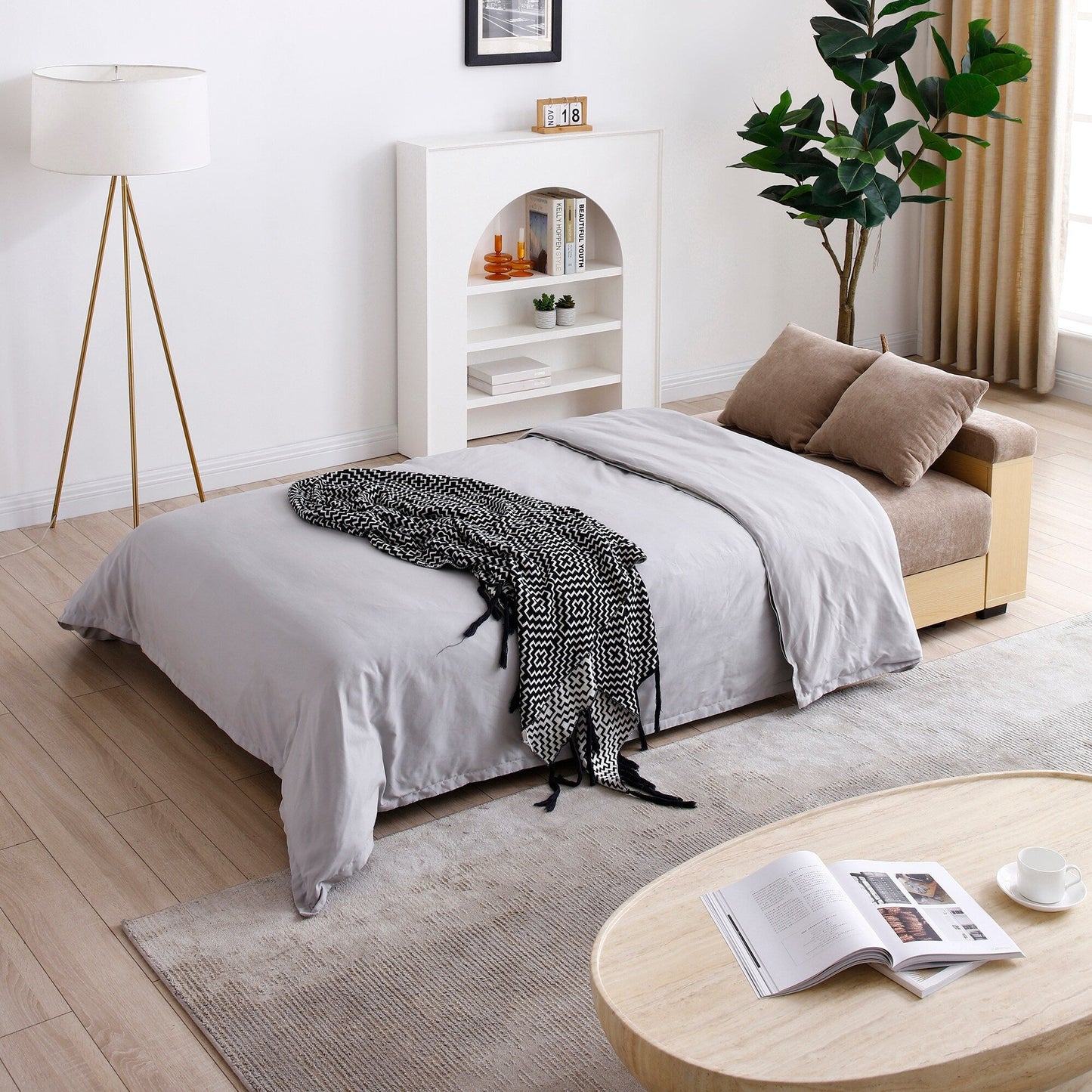 Divano letto trasformabile in lino e cotone a 3 posti con pouf contenitore, tavolo a ribalta, 2 cassetti, 84,65 €