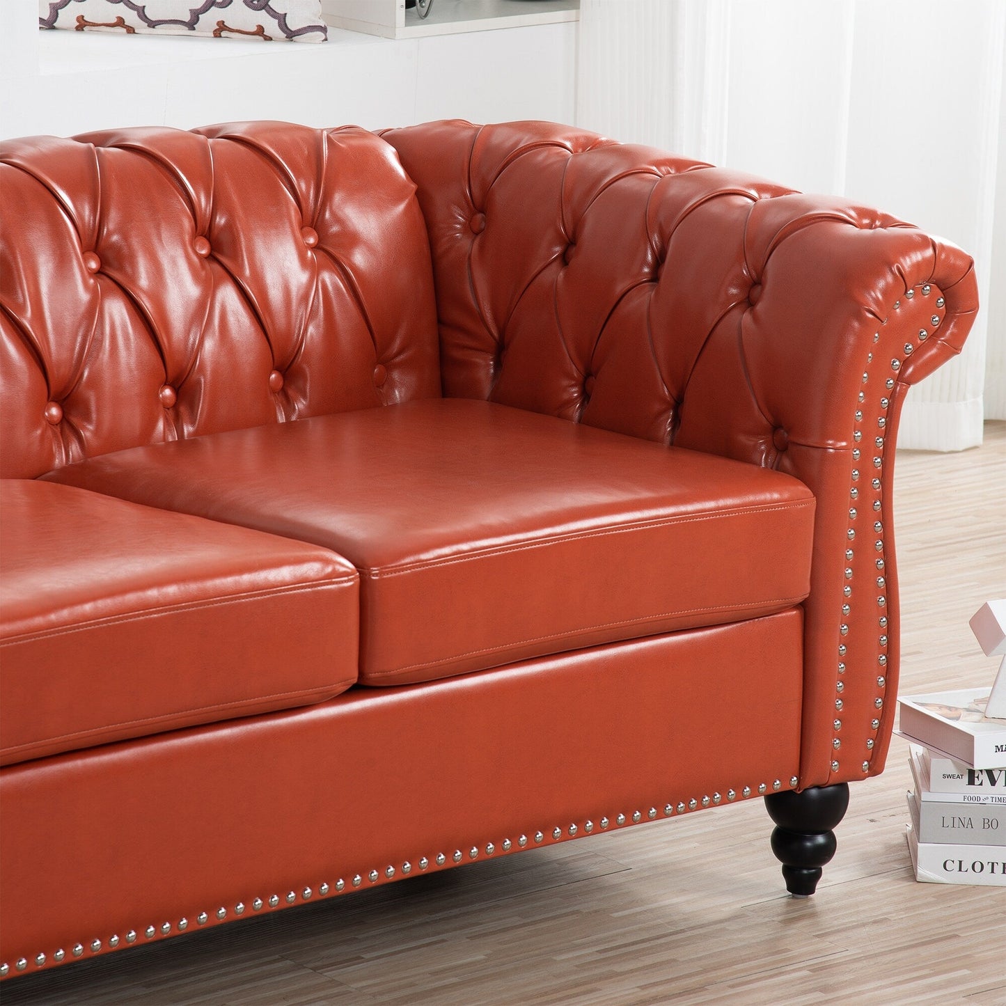 Divano Chesterfield in pelle PU da 84,65 pollici con braccioli arrotolati (3 posti)