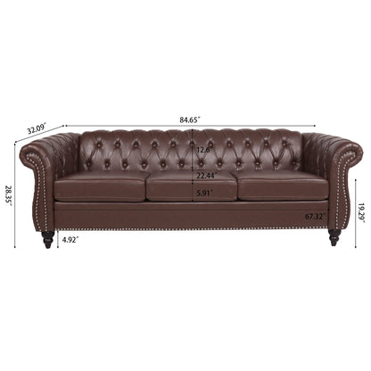 Divano Chesterfield in pelle PU da 84,65 pollici con braccioli arrotolati (3 posti)