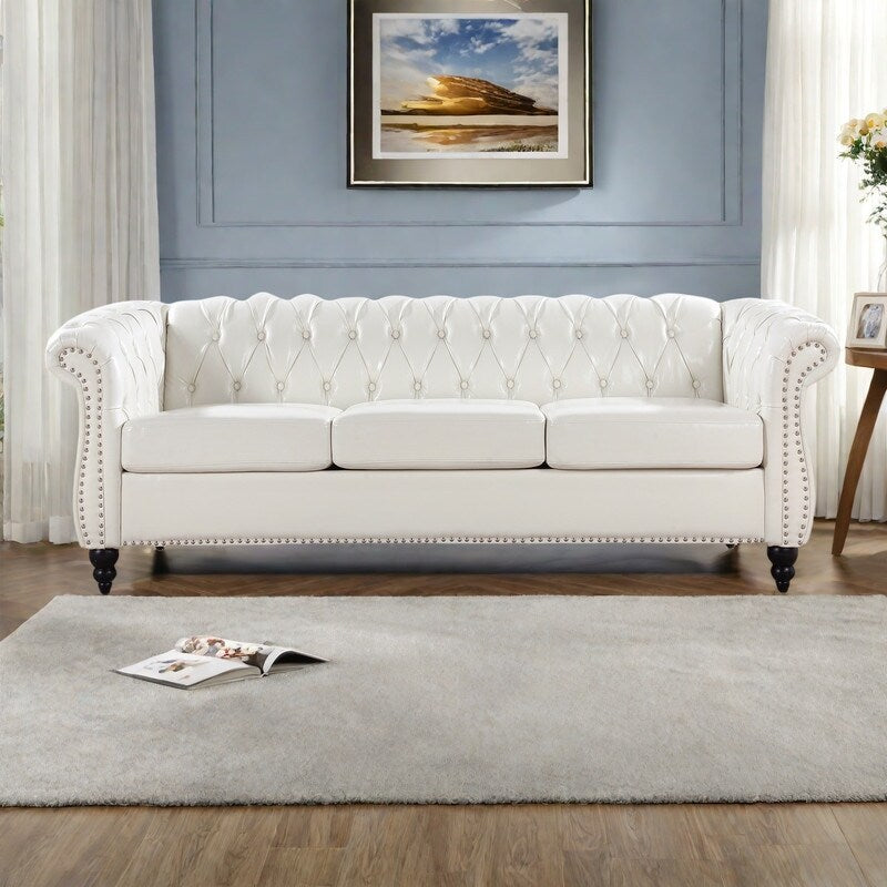 Divano Chesterfield in pelle PU da 84,65 pollici con braccioli arrotolati (3 posti)