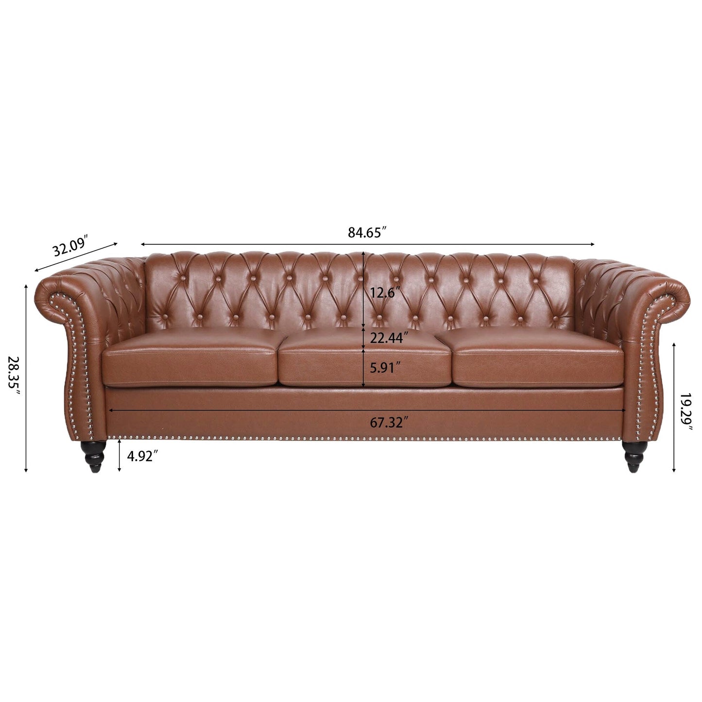 Divano Chesterfield in pelle PU da 84,65 pollici con braccioli arrotolati (3 posti)