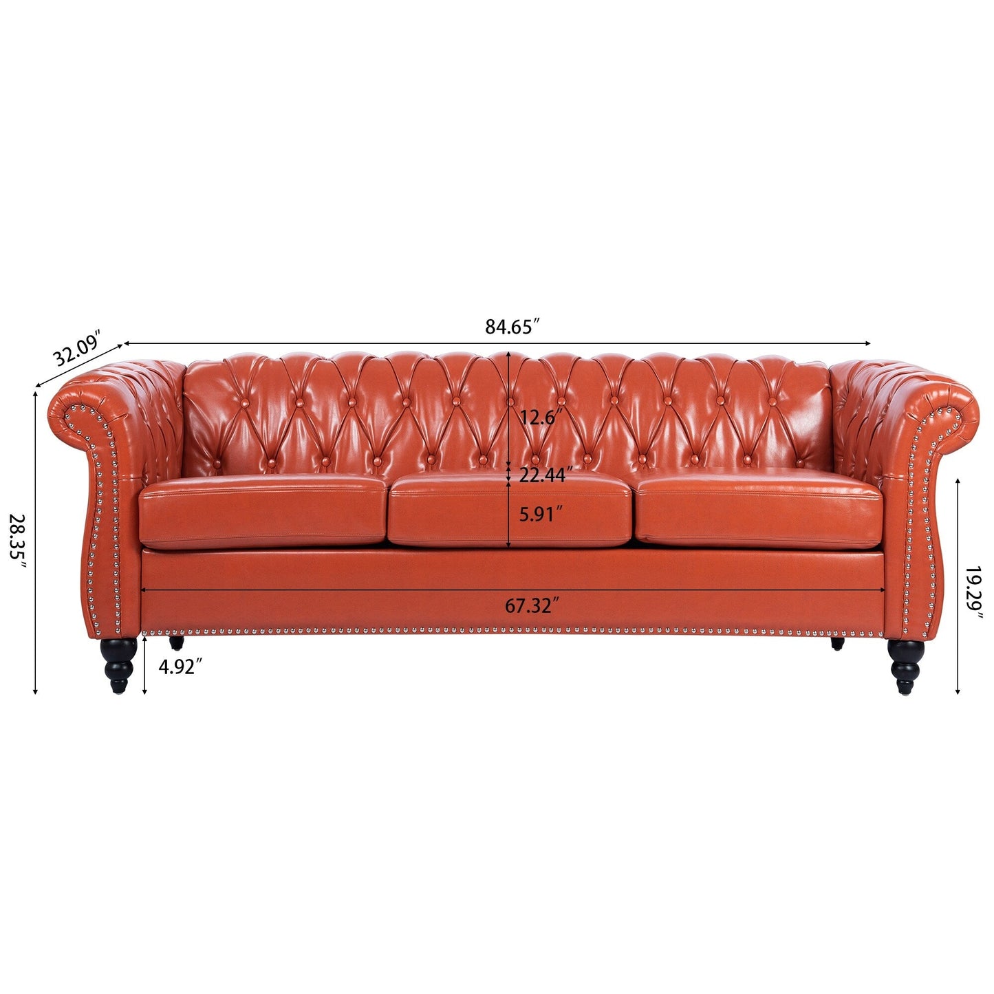 Divano Chesterfield in pelle PU da 84,65 pollici con braccioli arrotolati (3 posti)