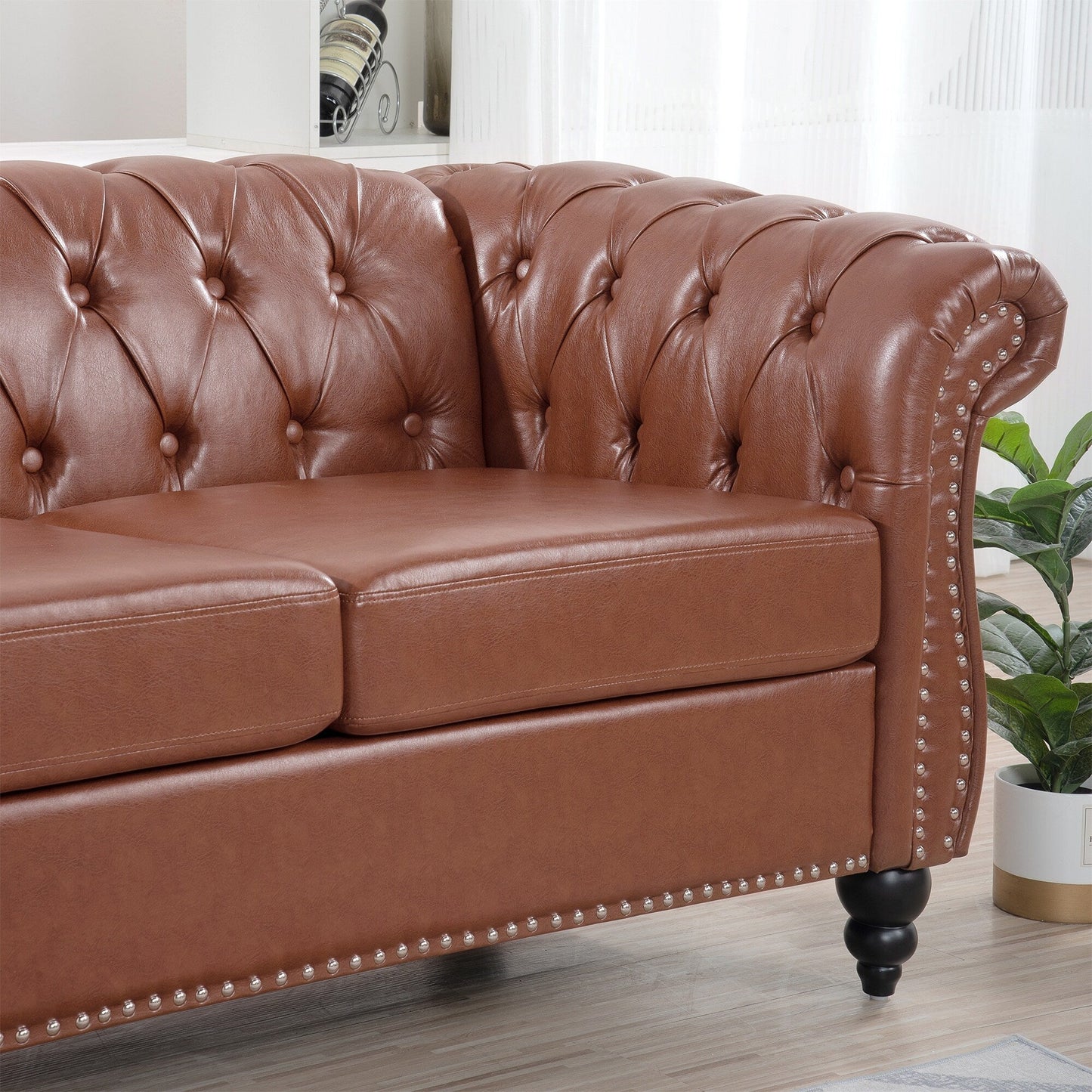 Divano Chesterfield in pelle PU da 84,65 pollici con braccioli arrotolati (3 posti)
