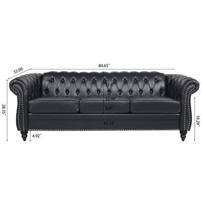 Divano Chesterfield in pelle PU da 84,65 pollici con braccioli arrotolati (3 posti)
