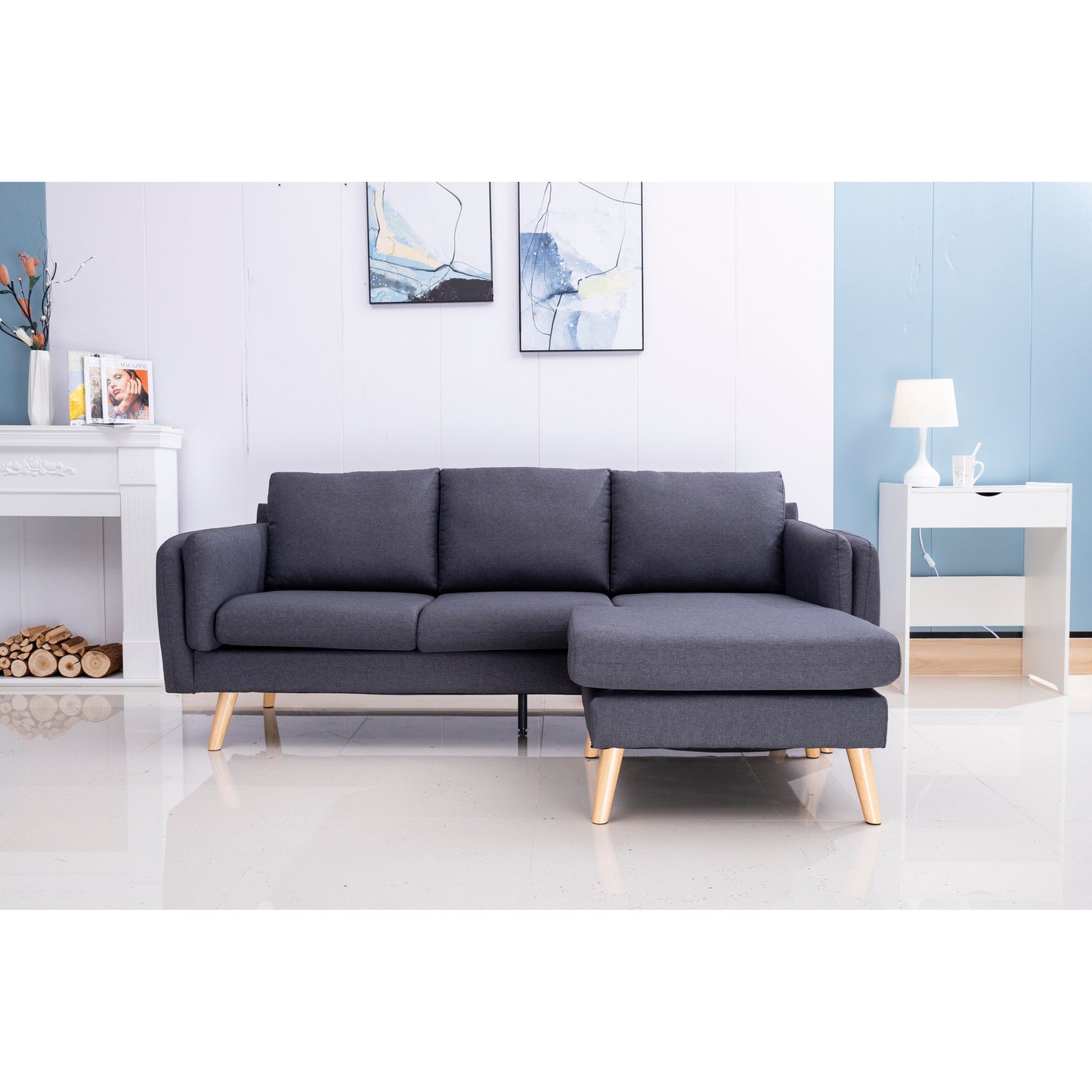Divano a 3 posti a L in lino da 84,6'' con chaise longue reversibile, cuscini a molle indipendenti, struttura in legno massello, doppi braccioli