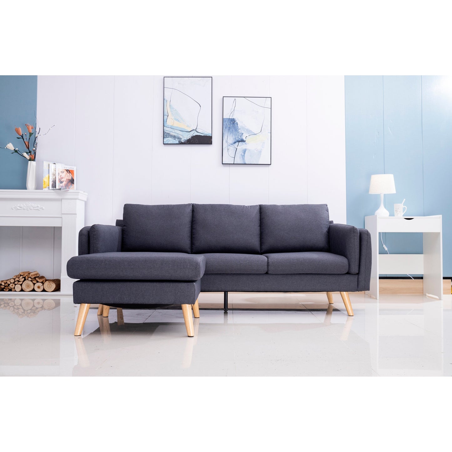 Divano a L in lino da 84,6'' con chaise longue reversibile